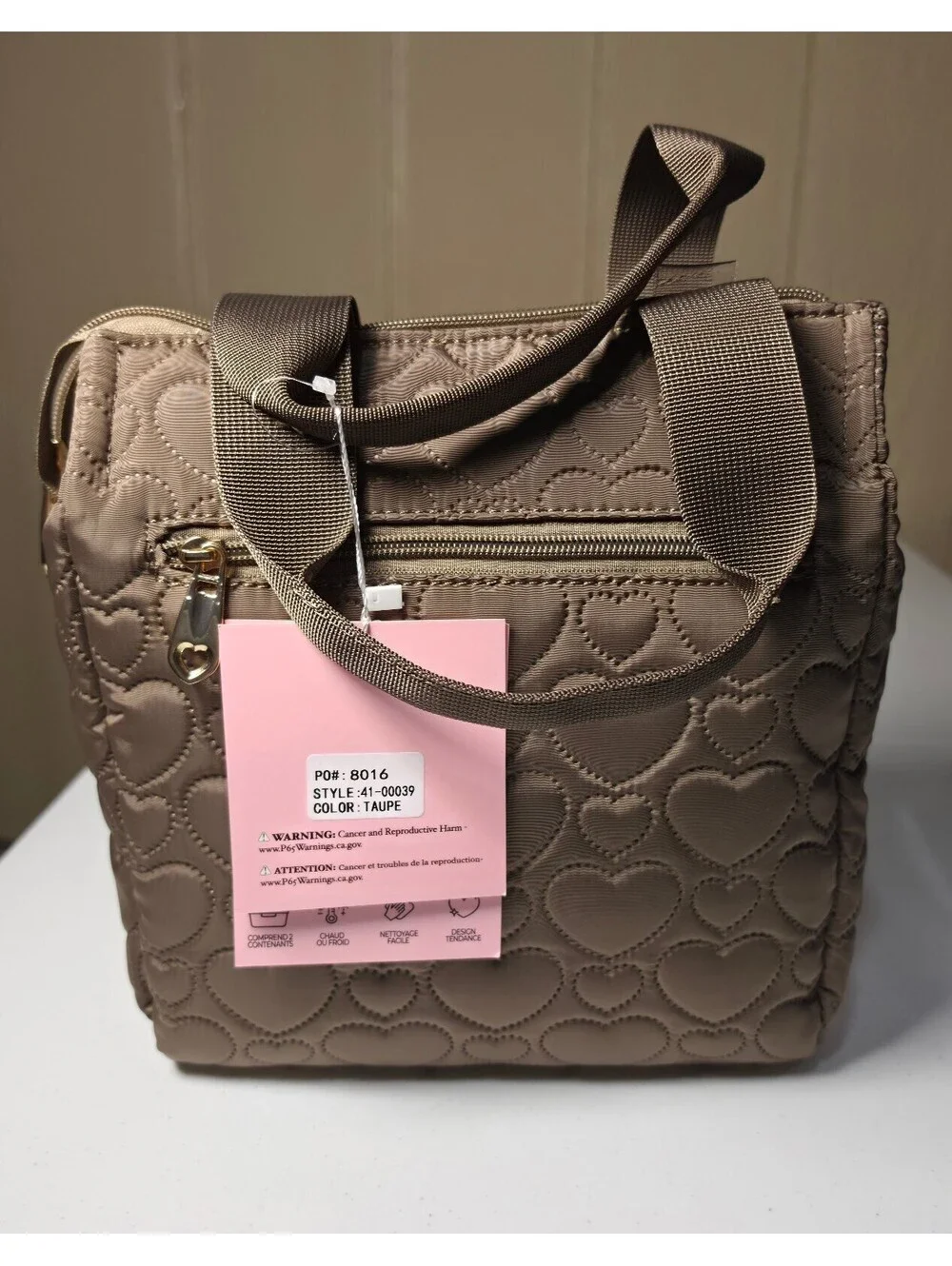 Betsey Johnson Taupe Heart Quilted Tote Bag with Two Clear Storage Containers
